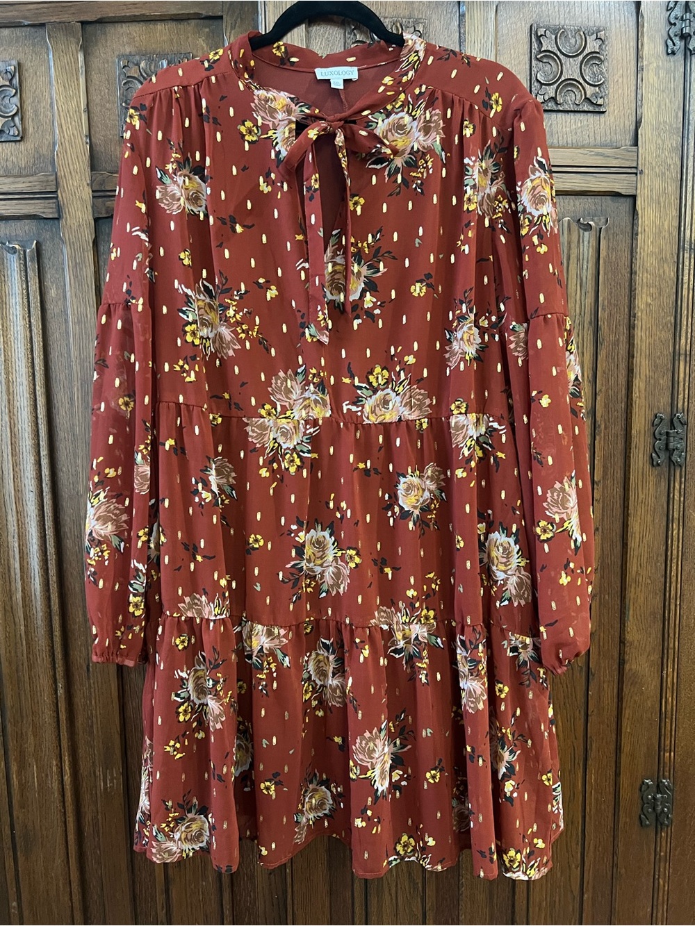 Luxology Rust Floral Gold Accent Tie Neck Tiered Dress XXL
